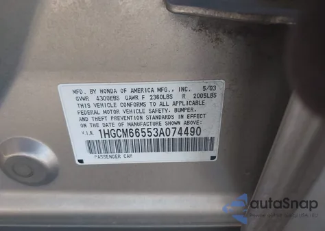 2003 Honda Accord 3.0 Ex from USA, damaged, VIN 1HGCM66553A074490